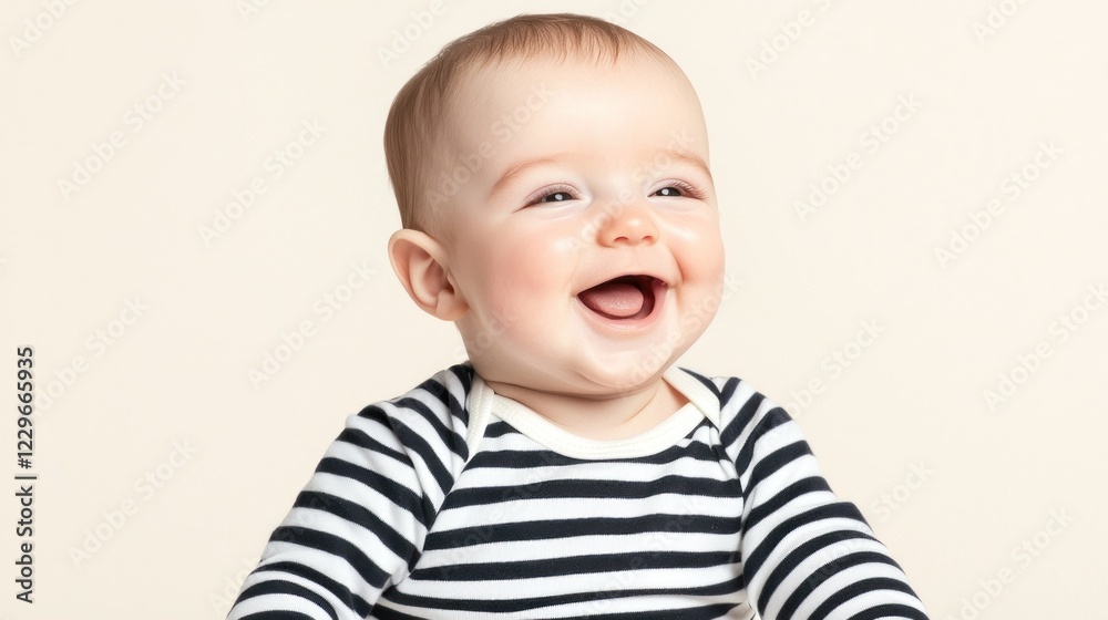 Happy Baby in Striped Onesie Against Beige Background Happy Baby in Striped Onesie Against Beige Background
