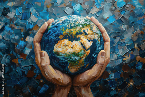 A caricature depicts planet earth gently held by human hands, symbolizing care and responsibility. The colorful backdrop enhances the focus on the fragile globe, emphasizing global unity. photo