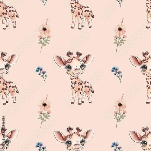 Wallpaper Mural Cute Giraffe and Flowers Seamless Pattern Torontodigital.ca