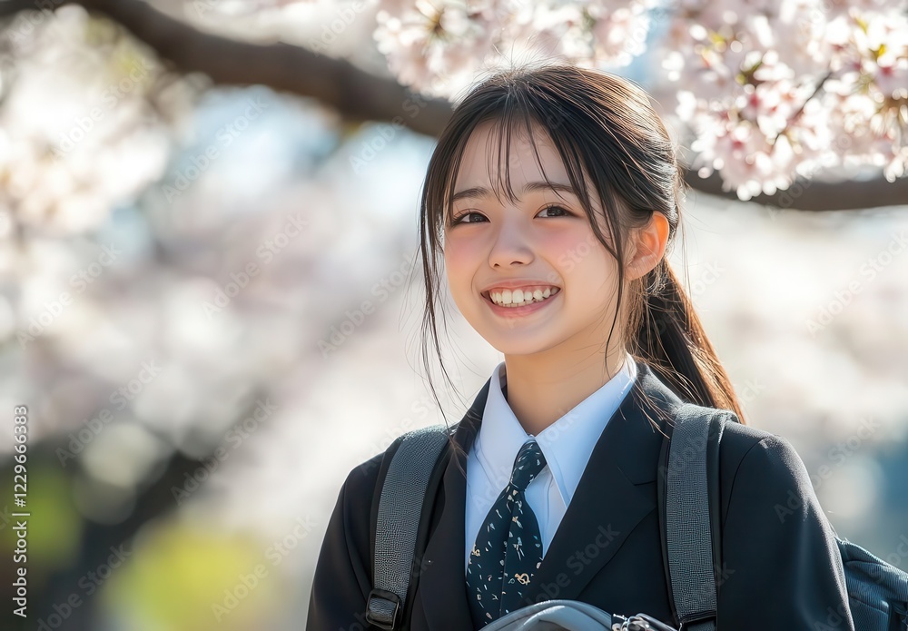 A joyful student smiles under blooming cherry blossoms, representing youth and the beauty of nature in spring. Copy space A joyful student smiles under blooming cherry blossoms, representing youth and the beauty of nature in spring. Copy space