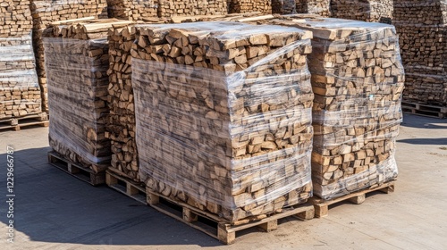 Two pallets of neatly stacked firewood wrapped in plastic, ready for distribution.