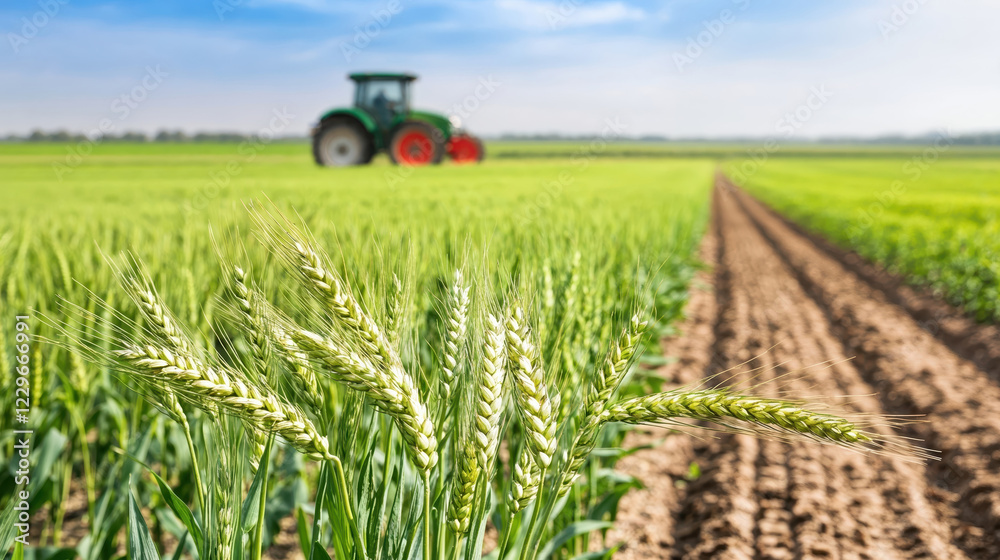 Green wheat growing in field with tractor working in background Green wheat growing in field with tractor working in background