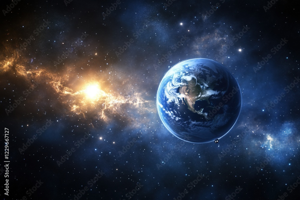 Obraz premium The blue planet in the Solar system. Stars and galaxies.