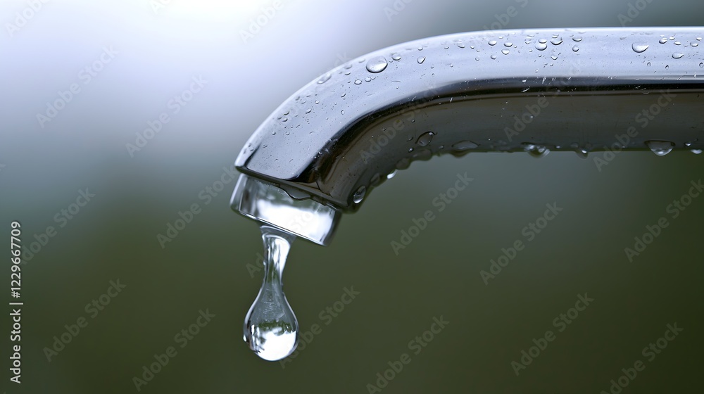 A single water droplet hangs, poised to fall from a chrome faucet. Pure, glistening perfection. A single water droplet hangs, poised to fall from a chrome faucet. Pure, glistening perfection.