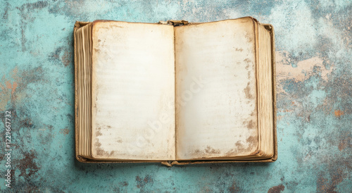 Open blank book resting on a textured table surface inviting creative thoughts and reflections photo