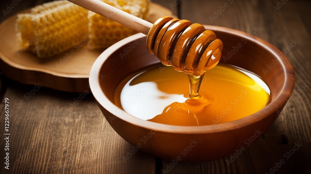 Wooden Honey Dipper Drizzling Fresh Honey into Rustic Brown Bowl. Wooden Honey Dipper Drizzling Fresh Honey into Rustic Brown Bowl.