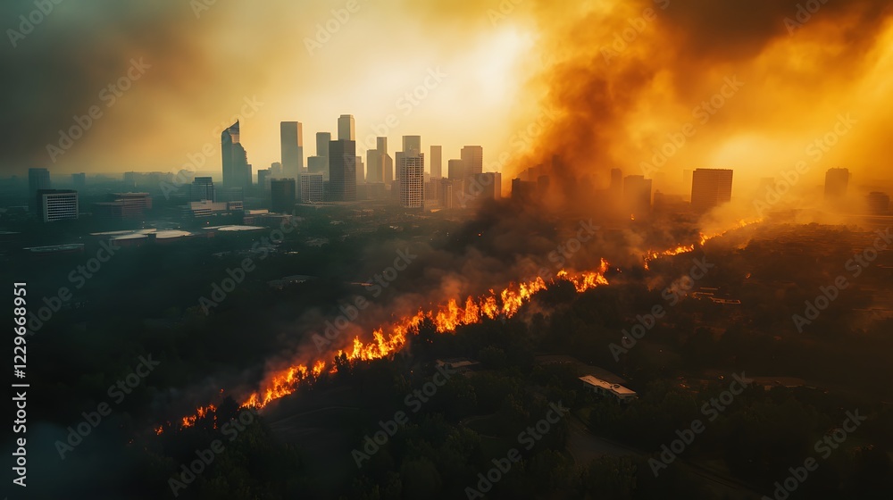 Aerial View of Vibrant Urban Skyline Amidst Thick Smoke and Fire Aerial View of Vibrant Urban Skyline Amidst Thick Smoke and Fire