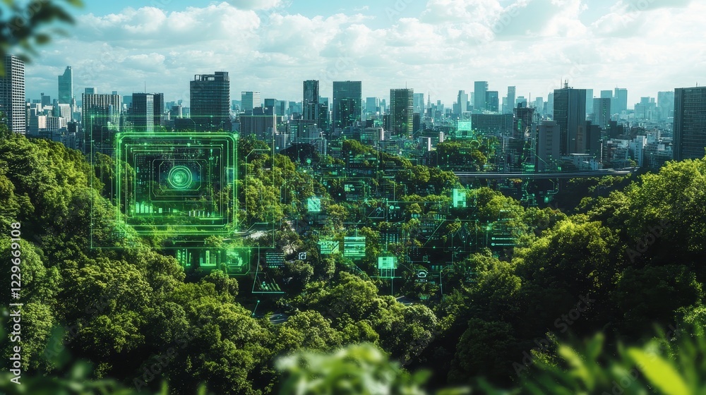 Obraz premium Futuristic green cityscape with holographic digital network overlay, showcasing environmental technology and smart urban innovation