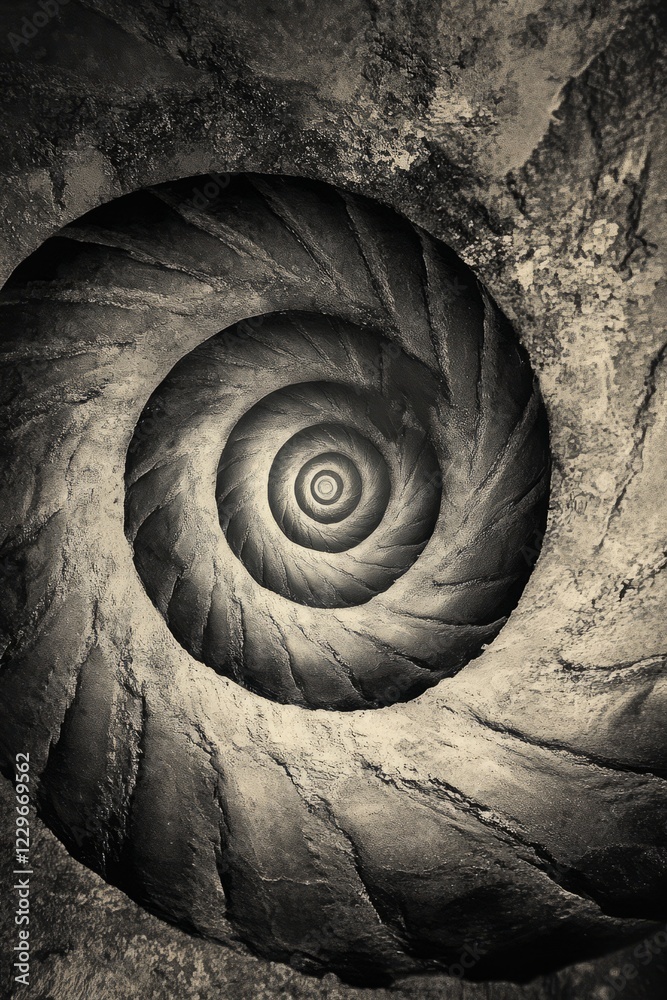 Fototapeta premium Monochrome image of a spiral stone staircase showcasing intricate design and texture, highlighting architectural beauty and depth.