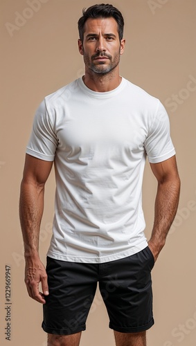 A father wearing a white crewneck tshirt and black chino shorts on a plain tan background