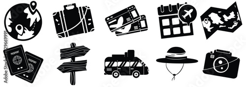 Elegant Travel Icons With Beautiful Black Solid Color Style
