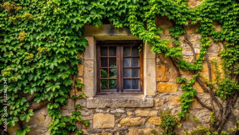 Ivy crawling up old stone wall with overgrown branches covering a single window, foliage, ivy, foliage,ivy, nature Ivy crawling up old stone wall with overgrown branches covering a single window, foliage, ivy, foliage,ivy, nature