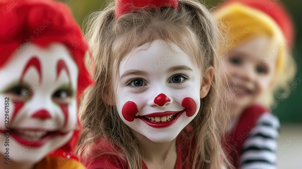 Happy Children Dressed as Clowns with Colorful Face Paint, Joyful Smiles, Playful Expressions, Fun Carnival Theme, Bright Costumes, Whimsical Makeup, Cheerful Celebration, Festive Atmosphere Happy Children Dressed as Clowns with Colorful Face Paint, Joyful Smiles, Playful Expressions, Fun Carnival Theme, Bright Costumes, Whimsical Makeup, Cheerful Celebration, Festive Atmosphere