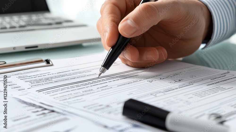 A healthcare administrator reviewing medical billing, with invoices and healthcare data on a professional setup with a white background. A healthcare administrator reviewing medical billing, with invoices and healthcare data on a professional setup with a white background.