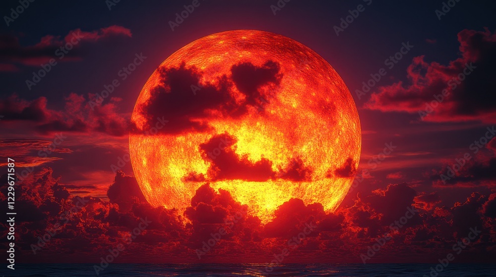 Fiery red full moon rising over dark ocean, partially obscured by clouds. Fiery red full moon rising over dark ocean, partially obscured by clouds.