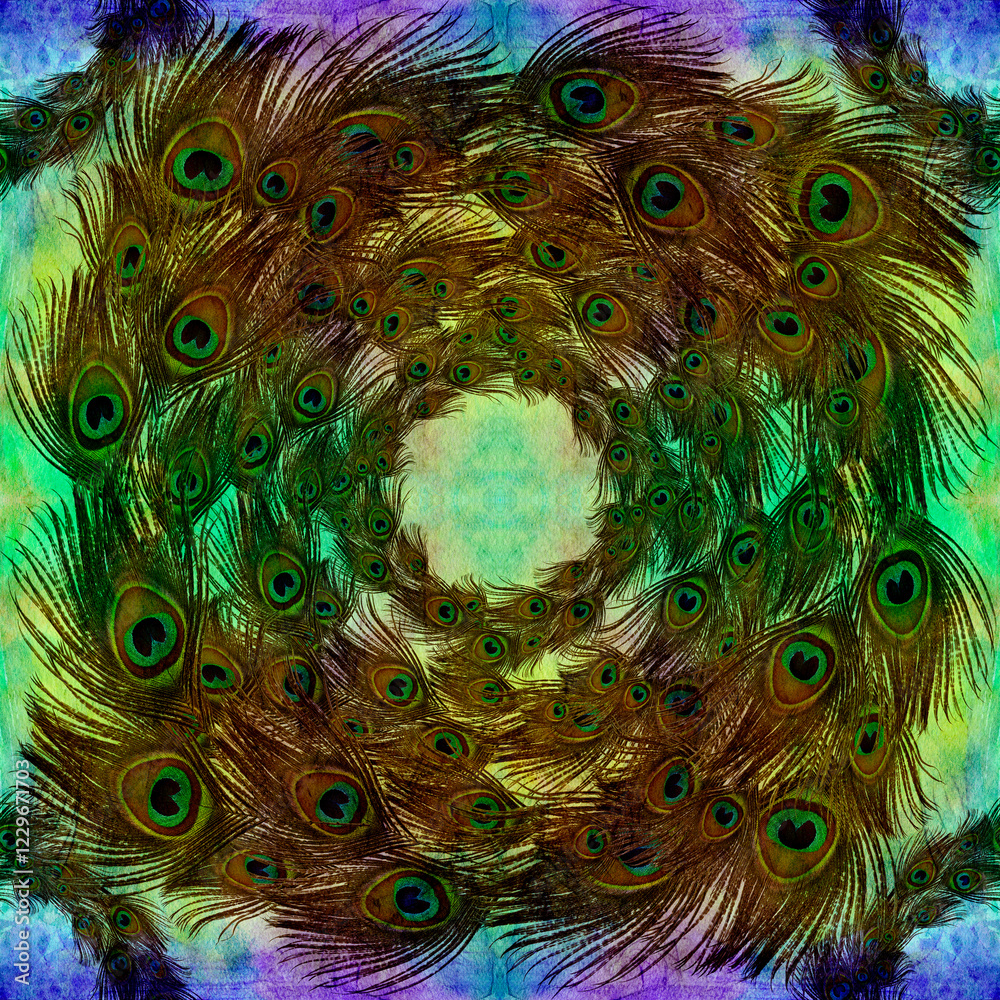 Obraz premium Peacock feathers on watercolor background. A collage of feathers on the background of watercolors. Seamless pattern. A collage of feathers. Repeating pattern of feathers.