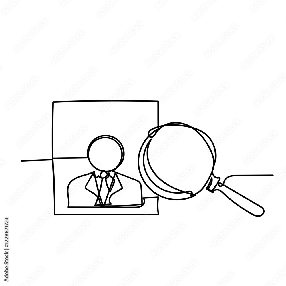 continuous line drawing employee person and magnifying glass symbol for human resource selection continuous line drawing employee person and magnifying glass symbol for human resource selection