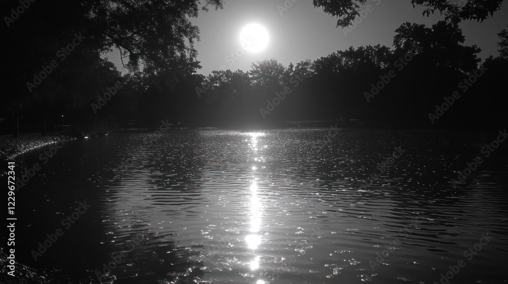 Black and white photo of sun setting over calm lake. Black and white photo of sun setting over calm lake.
