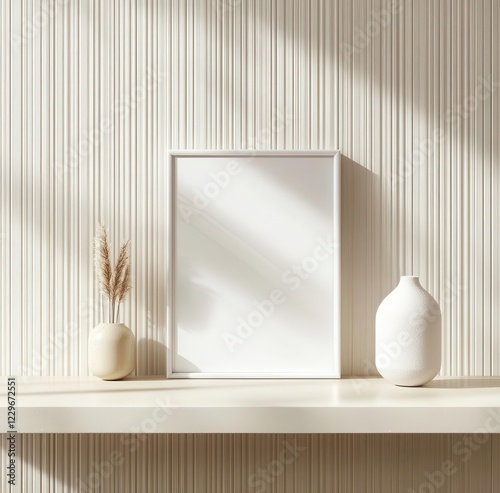 Minimalist interior setup showcasing a blank picture frame, vase, and decorative plant against a textured wall. Copy space photo