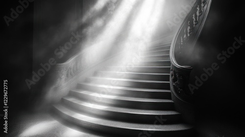 Light beams illuminate a grand, curved staircase in a dark, mysterious building.