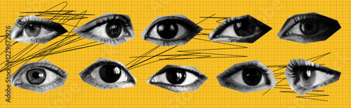 Trendy set of eyes cut out of a magazine. A punk collage with isolated elements in halftone. Vector illustration of vintage design