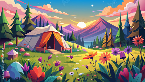 lavish camping retreat surrounded by vibrant wildflowers, featuring spacious tent and beautiful natural scenery. sunlight creates warm and inviting 