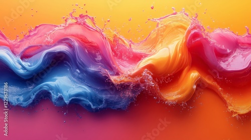 Dynamic splashes of colorful liquid flowing smooth exaggerated curves creating a playful cartoonlike abstract art background with intense motion
