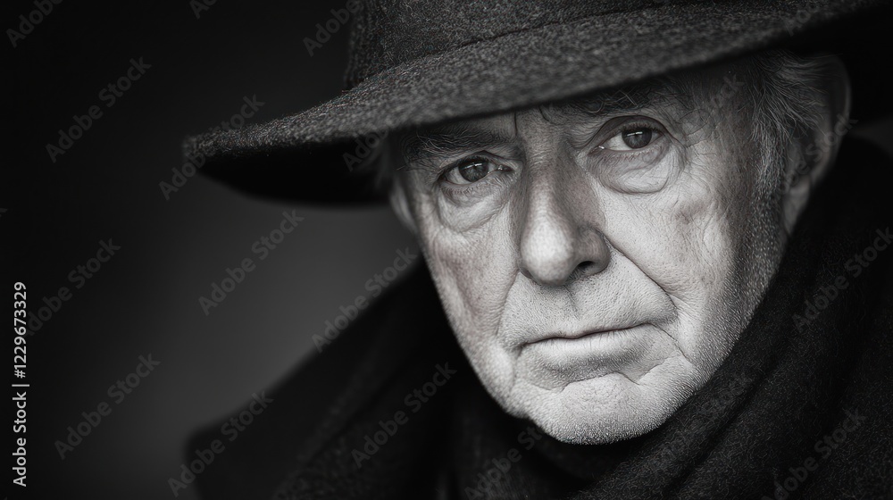 Close-up black and white portrait of a pensive elderly man wearing a hat. Close-up black and white portrait of a pensive elderly man wearing a hat.