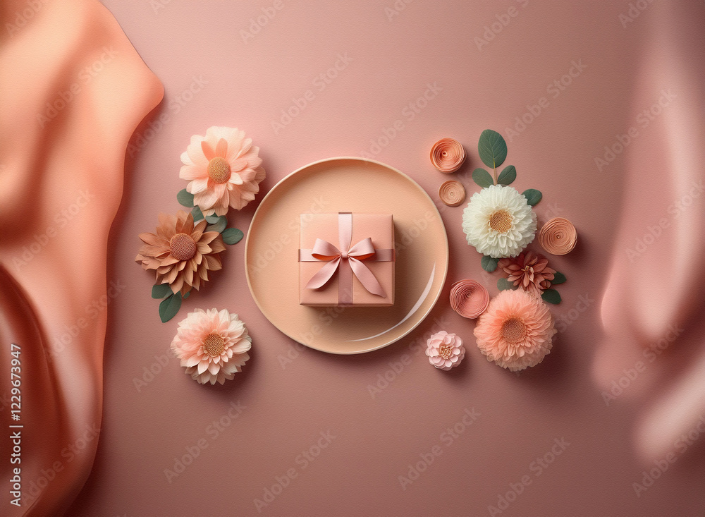 Naklejka premium A blush pink gift box with a delicate bow sits on a pale pink plate, surrounded by soft, pastel flowers and flowing fabric. The scene evokes feelings of serenity and celebration.