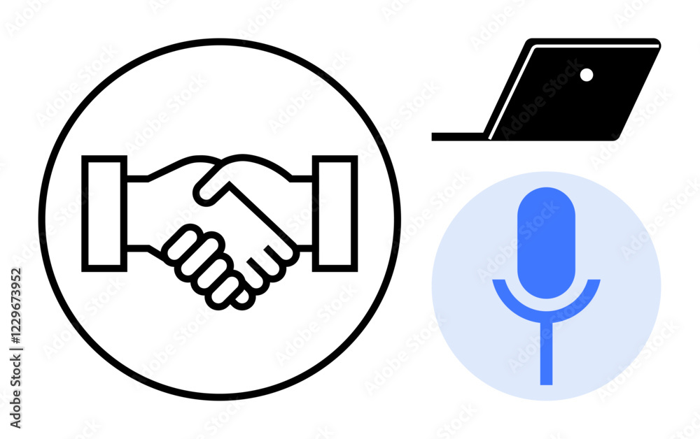 Handshake inside a circle, open laptop, microphone within blue circle. Ideal for business, partnership, connectivity, communication, digital collaboration, negotiation virtual meetings abstract Handshake inside a circle, open laptop, microphone within blue circle. Ideal for business, partnership, connectivity, communication, digital collaboration, negotiation virtual meetings abstract