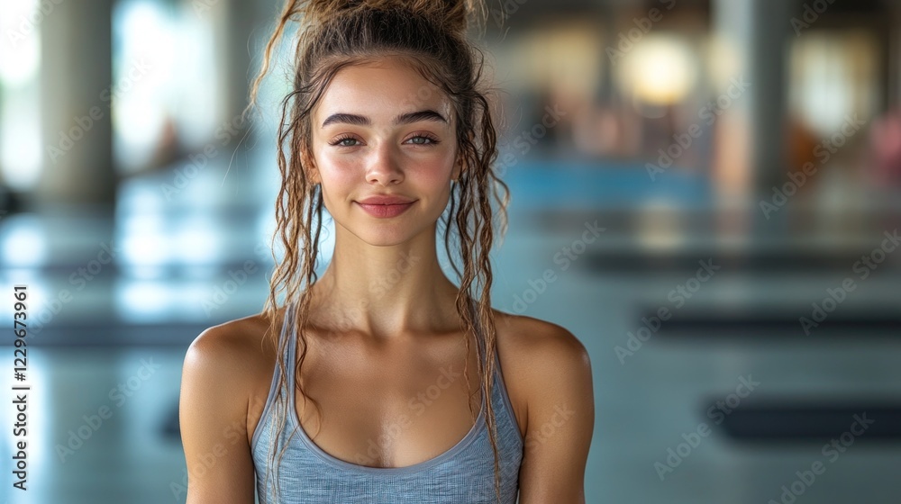 Portrait of a young woman with dreadlocks in a gym.