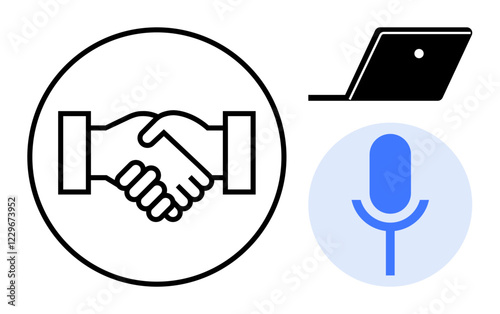 Handshake inside a circle, open laptop, microphone within blue circle. Ideal for business, partnership, connectivity, communication, digital collaboration, negotiation virtual meetings abstract