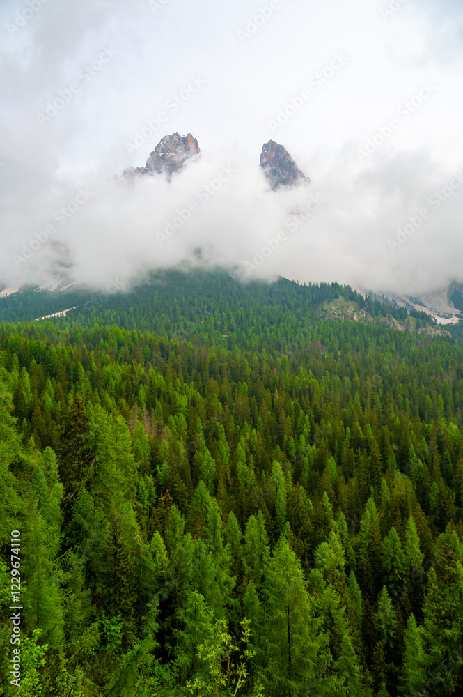 Mountain trail in the Dolomites (Dolomiti, Dolomiten), Italy, leading to Lago Sorapis. The path winds along rocky slopes with stunning views of valleys, forests, and peaks