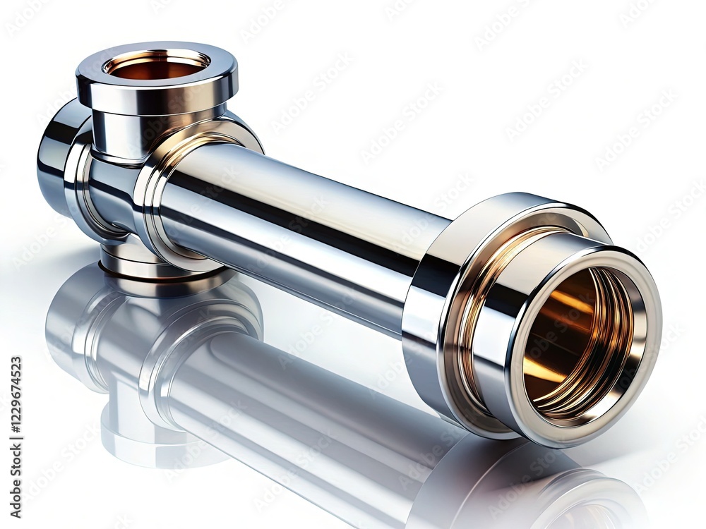 Isolated Industrial Pipe, Chrome Metal Plumbing Fitting, Mechanical Engineering Part, White Background Stock Photo Isolated Industrial Pipe, Chrome Metal Plumbing Fitting, Mechanical Engineering Part, White Background Stock Photo