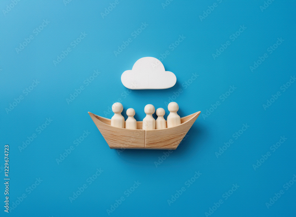 Wooden boat carrying small figurines sails under a fluffy white cloud against a vibrant blue backdrop. A concept of hope, journey, and community. Wooden boat carrying small figurines sails under a fluffy white cloud against a vibrant blue backdrop. A concept of hope, journey, and community.