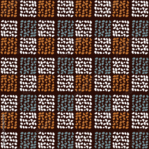 An abstract of dots seamless hand drawn pattern used in ethnic background, simple dots style of textiles on dark brown Background, vector illustration