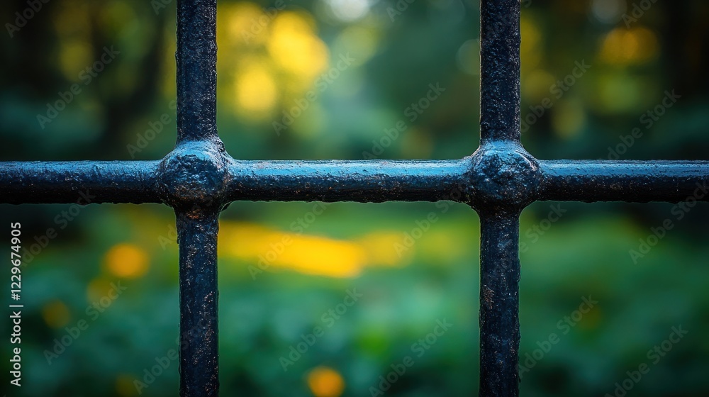 Close-up of dark metal fence with blurred park background. Close-up of dark metal fence with blurred park background.