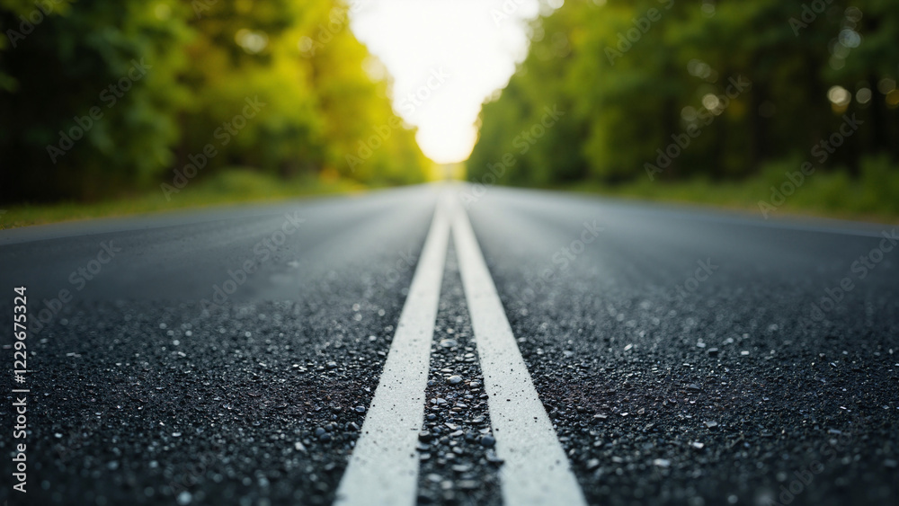 Smooth Black Asphalt Road with White Dividing Lines Stretching into Horizon, Framed by Lush Green Trees, Ideal for Road Safety Campaigns, Travel Ads, and Automotive Industry Websites Smooth Black Asphalt Road with White Dividing Lines Stretching into Horizon, Framed by Lush Green Trees, Ideal for Road Safety Campaigns, Travel Ads, and Automotive Industry Websites