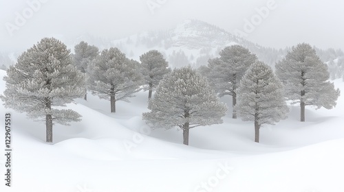 Wallpaper Mural Snow covered trees on a snowy hill with a mountain in the background under a foggy sky. Torontodigital.ca