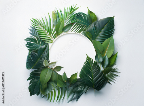Lush green tropical leaves arranged in a circular frame, creating a blank space in the center. Perfect for invitations, announcements, or adding a natural touch to designs.