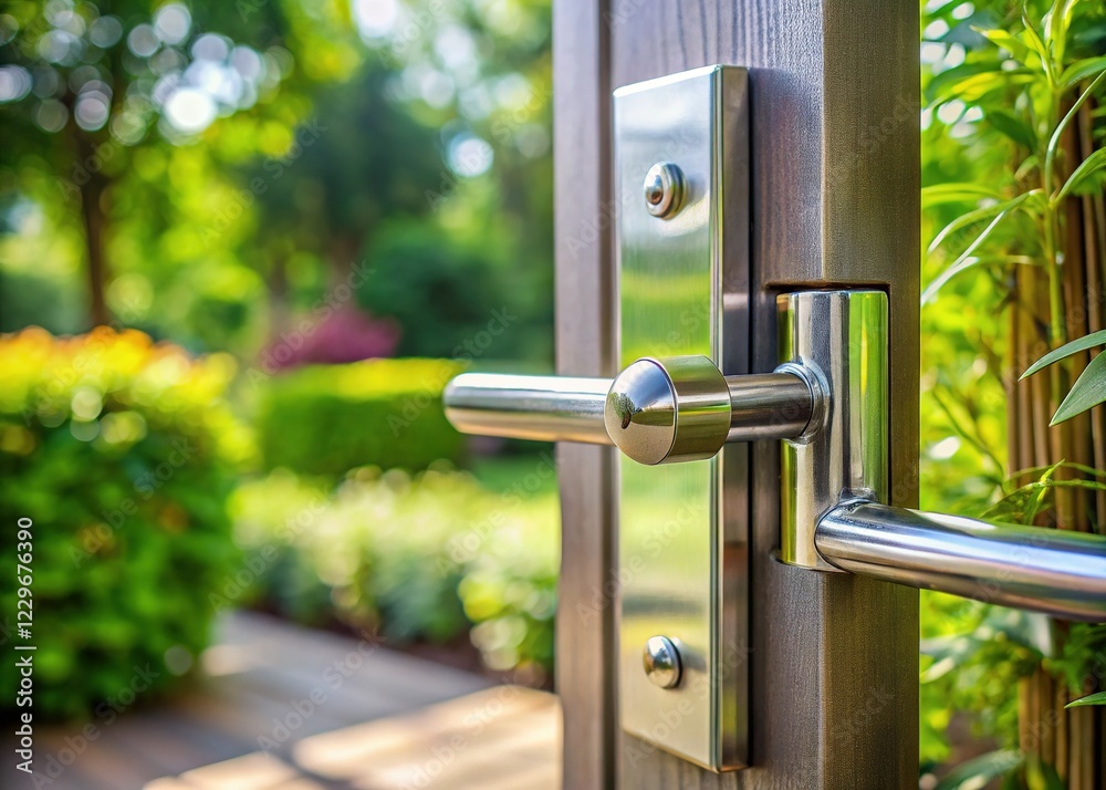 Fototapeta premium Modern Stainless Steel Garden Gate Lock & Handle, Close-up Architectural Detail