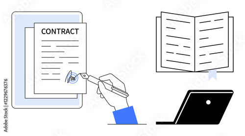 Hand holding pen signs contract, symbol of agreement. Nearby are an open book and a laptop. Ideal for business deals, contracts, legal matters, e-signatures, documentation, education