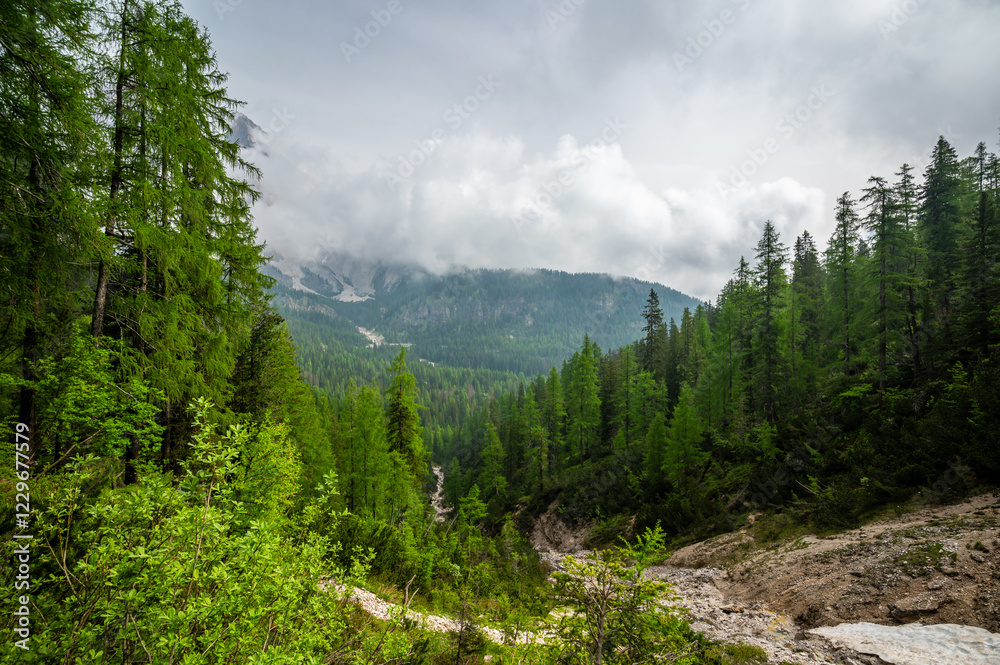 Mountain trail in the Dolomites (Dolomiti, Dolomiten), Italy, leading to Lago Sorapis. The path winds along rocky slopes with stunning views of valleys, forests, and peaks