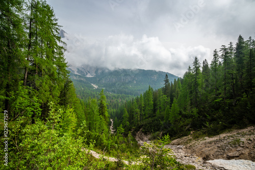 Obraz na płótnie Mountain trail in the Dolomites (Dolomiti, Dolomiten), Italy, leading to Lago Sorapis. The path winds along rocky slopes with stunning views of valleys, forests, and peaks w salonie