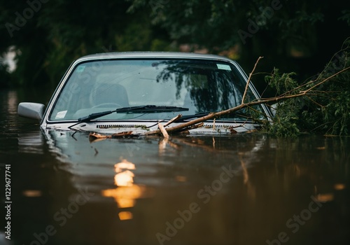 Car almost completely submerged by flood water with tree branches resting on windshield, illustrating aftermath of natural disaster