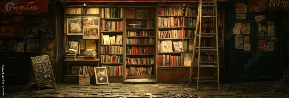 Night view of an old bookstore with bookshelves filled with books, posters on the walls, and a ladder. Night view of an old bookstore with bookshelves filled with books, posters on the walls, and a ladder.