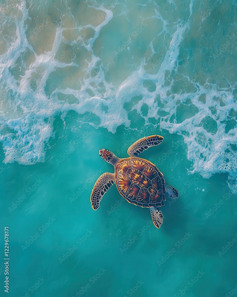 Fototapeta premium Stunning Aerial View of a Sea Turtle Swimming Gracefully Through Crystal Clear Turquoise Waters of the Ocean with Gentle Waves Surrounding It