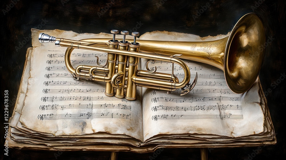 Naklejka premium Antique trumpet rests on aged sheet music.