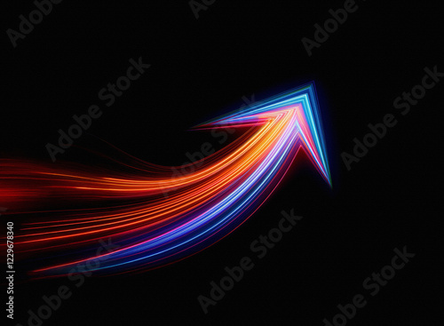 A vibrant, upward-pointing arrow streaks across a black background, its colors transitioning from fiery orange to cool blue, suggesting growth and progress.