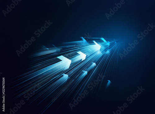 Abstract image of glowing blue arrows moving rapidly towards a bright light, symbolizing progress and speed.  A sense of futuristic technology is conveyed.
